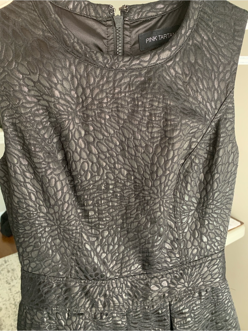 Pink Tartan Metallic Charcoal Floral Jacquard Fit-and-Flare Dress